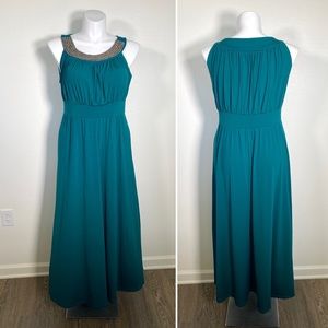 Sandiva beaded embellished necklace teal stretchy sleeveless maxi dress XL